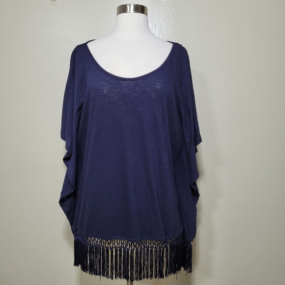 Andrea Jovine Blue Short Sleever Boho Fringe Batwing Cover Up Top Size M - Picture 1 of 8